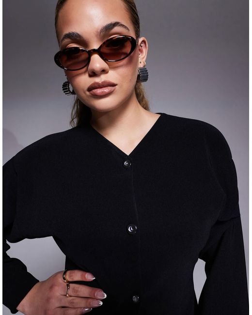 ASOS Blue Ribbed Balloon Sleeve Structured Button Up Top
