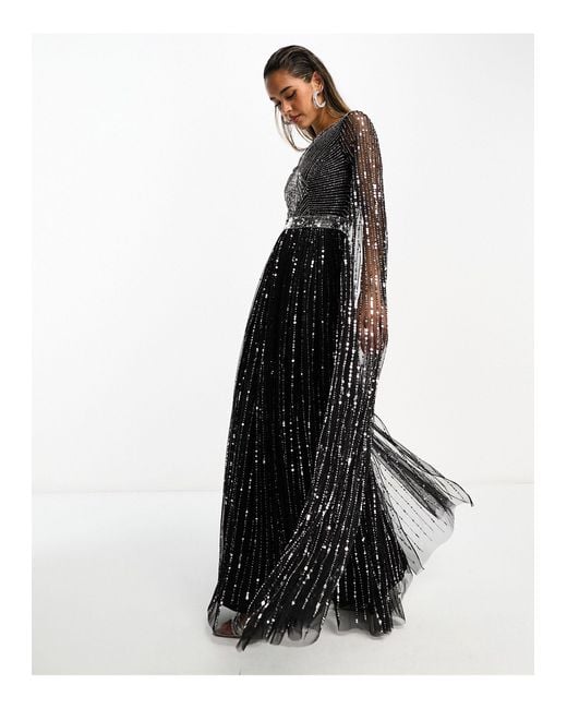 Frock and Frill Black Allover Embellished Maxi Dress With Cape Detail
