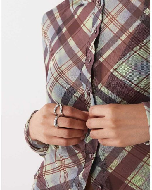 Collusion Brown Long Sleeve Mesh Button Through Top