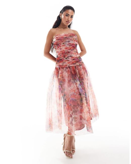 LACE & BEADS Red Drop Hem Tulle Midaxi Dress