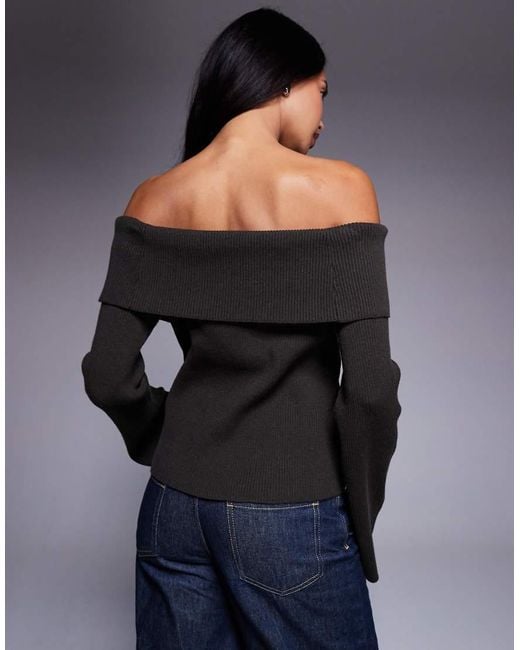 Kaiia Black Exclusive Ribbed Foldover Bardot Knitted Button Detail Flare Sleeve Jumper
