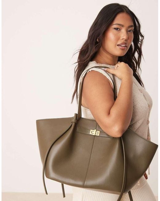 Gina Tricot Natural Faux Leather Medium Tote Bag With Strap And Clutch Detail