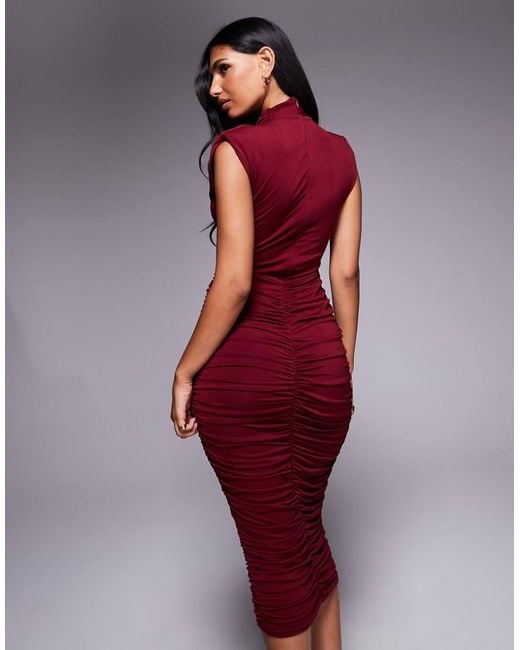 TFNC London Red High Neck Padded Shoulder Midi Dress