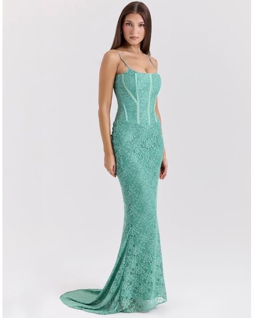 House Of Cb Green Antonina Lace Corset Maxi Dress