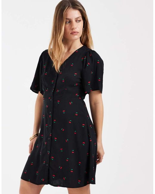Vero Moda Black Button Through Mini Skater Dress With Cherry Print