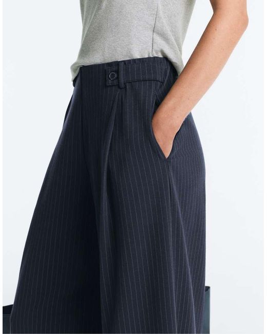 Oysho Blue Pinstripe Cotton Pique Wide-Leg Trousers