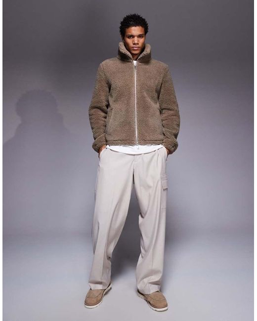 ASOS Gray Relaxed Funnel Neck Zip-through Borg Sweatshirt for men