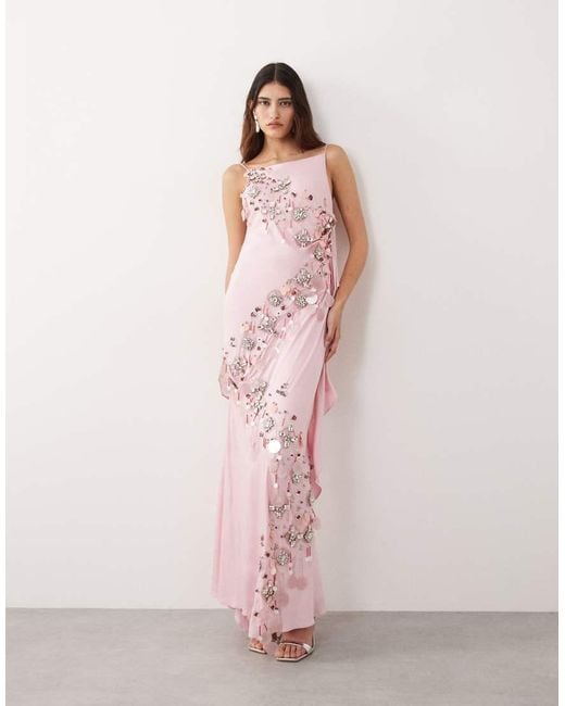 ARRANGE Pink Embellished Drape Satin Maxi Dress