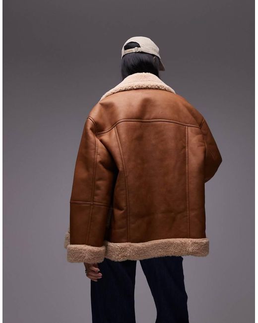 Cappotto Stile Pilota Color Cuoio Oversize di TOPSHOP in Brown