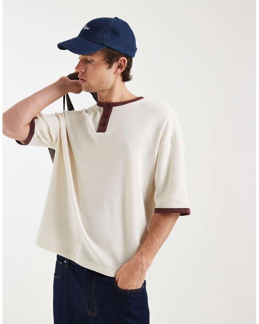 ASOS White Boxy Oversized T-Shirt With Contrast Henley Neck for men