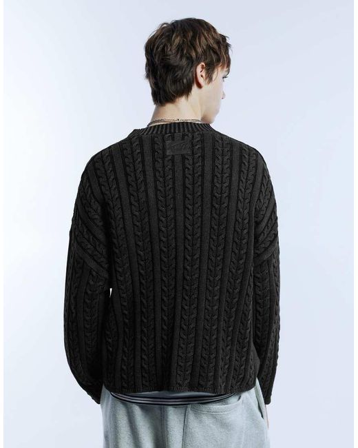 Pull&Bear Black Acid Wash Cable-knit Sweater for men