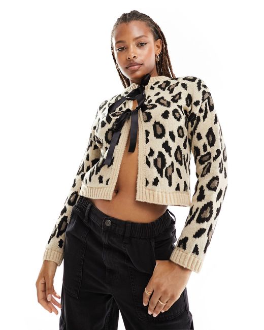 Miss Selfridge Black Leopard Ribbon Detail Knitted Cardigan-multi