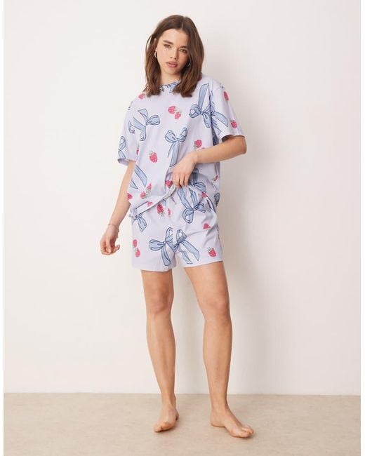 ASOS Blue Bow & Berry Oversized Tee & Short Pajama Set
