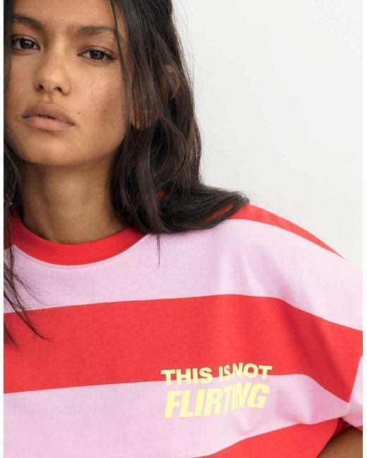Pull&Bear Red Oversize Striped Graphic T-shirt