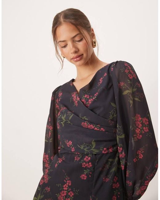ANAYA Black Floral Faux Wrap Long Sleeve Maxi Dress