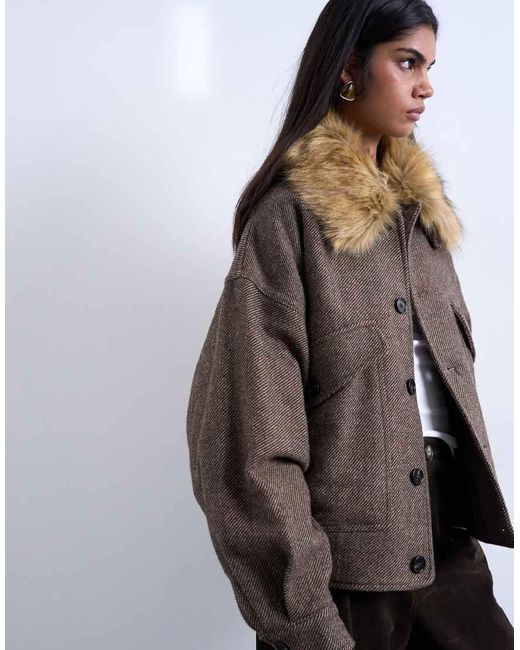 TOPSHOP Brown Twill Bomber With Faux Fur Collar With Wool