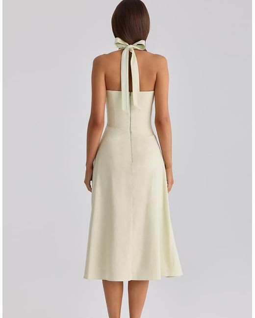 House Of Cb Natural Tallulah Matcha Cotton Halter Neck Midi Dress