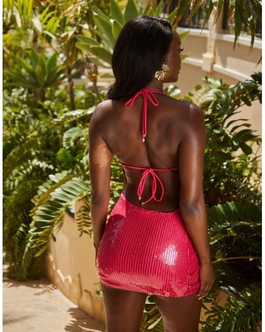 South Beach Green Cowl Neck Mini Sequin Beach Dress With Flower Detail