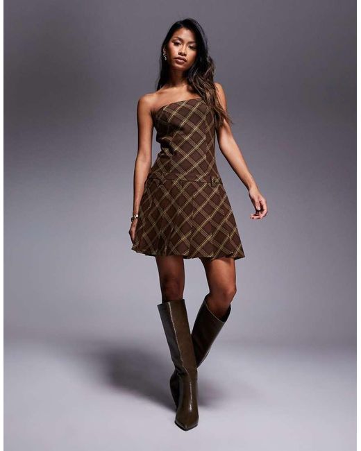 Kaiia Brown Exclusive Bandeau 90s Heritage Check Pleated Skirt Mini Dress