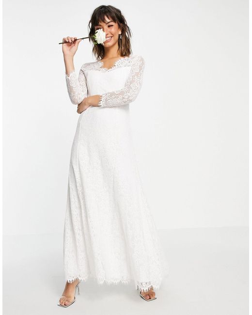 Vila White Bridal Laced Maxi Dress With Long Sleeve