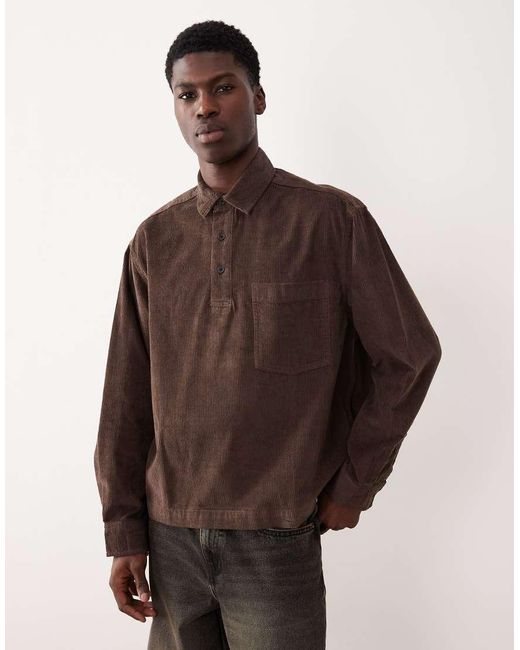 ASOS Brown Boxy Oversized Cord Rugby Shirt for men