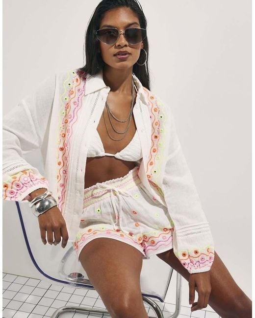 River Island Natural Cotton Mirror Embroidered Shirt