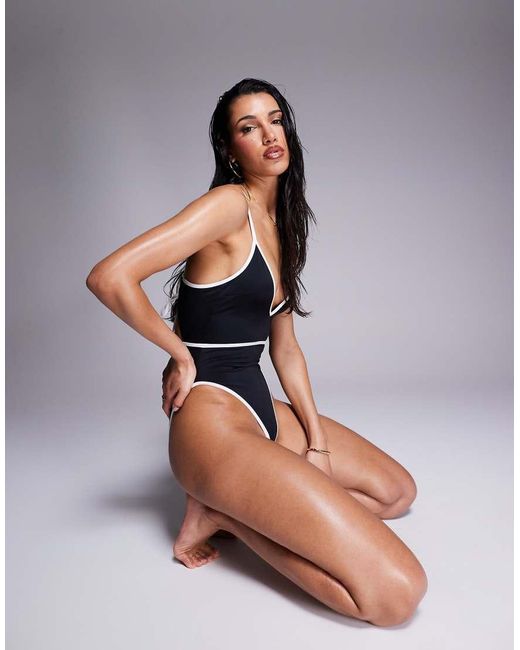 ASOS Blue Contrast Binding Plunge Swimsuit
