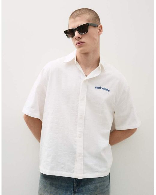 Bershka White Short Sleeve Rustic Textured Shirt With Print for men