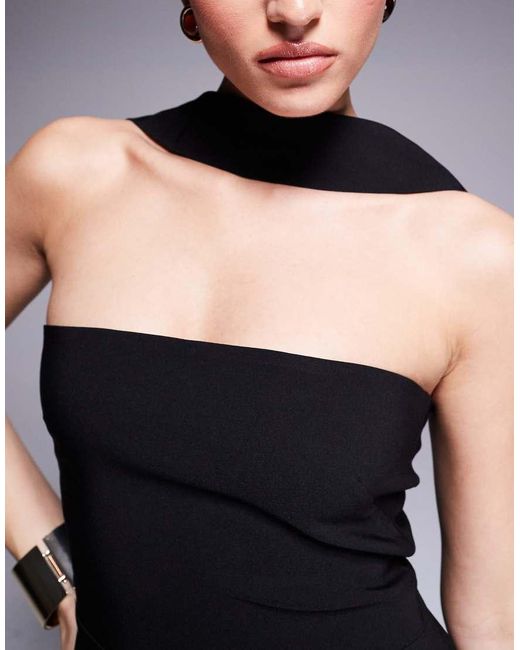 Vesper Blue Bengaline Choker Neck Detail Bandeau Side Split Maxi Dress