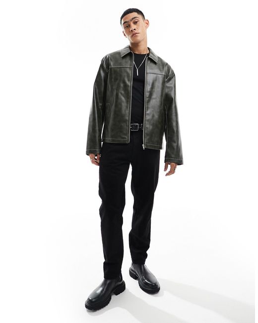 ASOS Black Faux Leather Harrington Jacket With Contrast Stitch for men