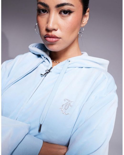 Exclusivité asos - - sweat à capuche décontracté en velours avec fermeture éclair - poudré Juicy Couture en coloris Blue