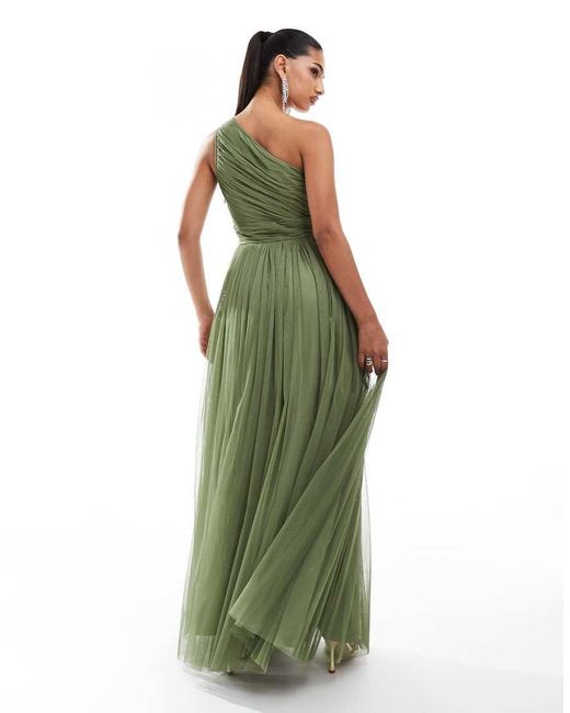 LACE & BEADS Green Bridesmaid One Shoulder Tulle Maxi Dress