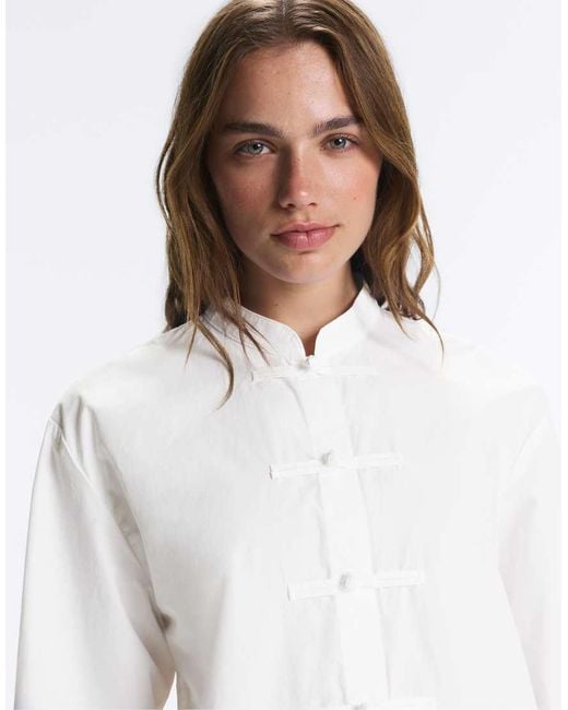 Oysho White 100% Cotton Button-up Stand-up Collar Shirt