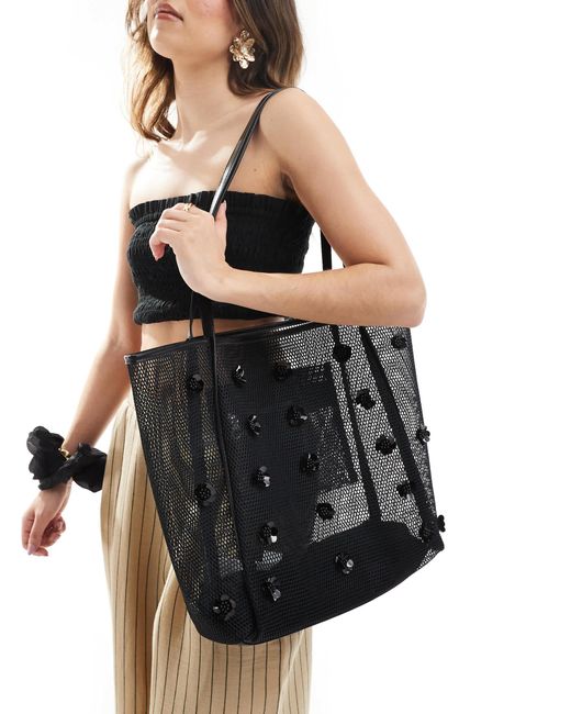Stradivarius Black Embellished Large Mesh Shopper Bag