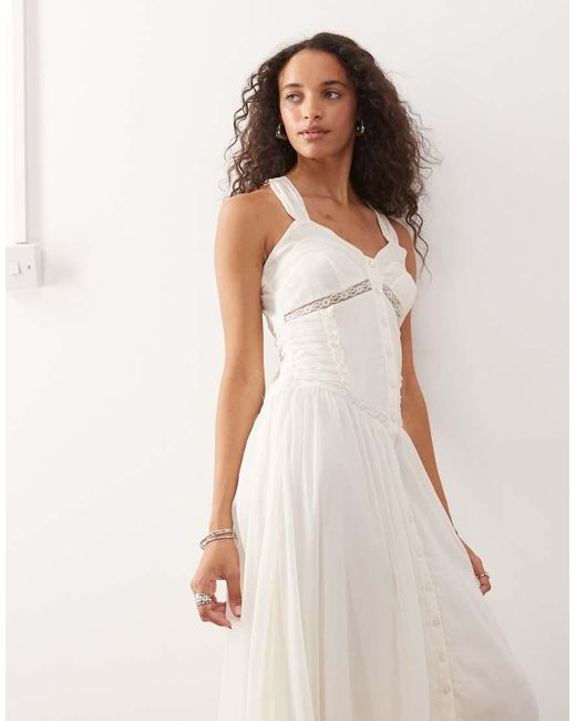 Reclaimed Vintage Natural Midi Cami Dress With Lace Inserts And Button Down Front