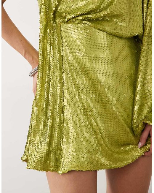 ASOS Green Sequined One Sleeve Draped Mini Dress