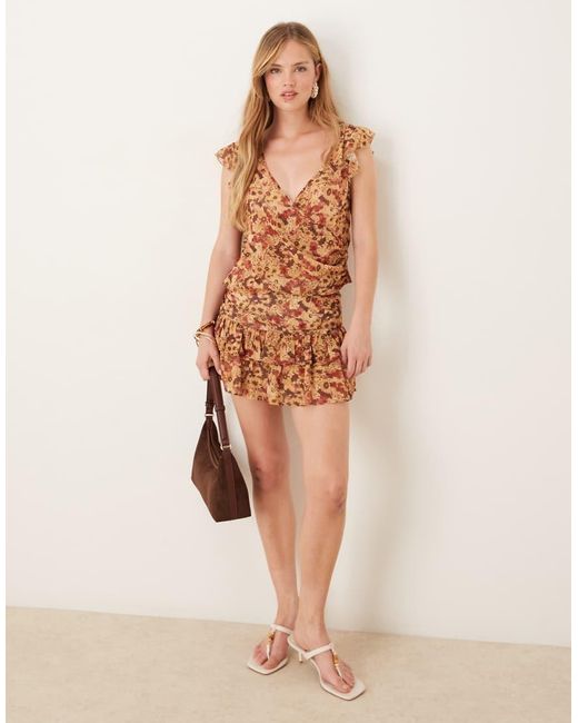 Motel Brown Masama Floral Print Ruffle Chiffon Co-Ord Mini Skirt
