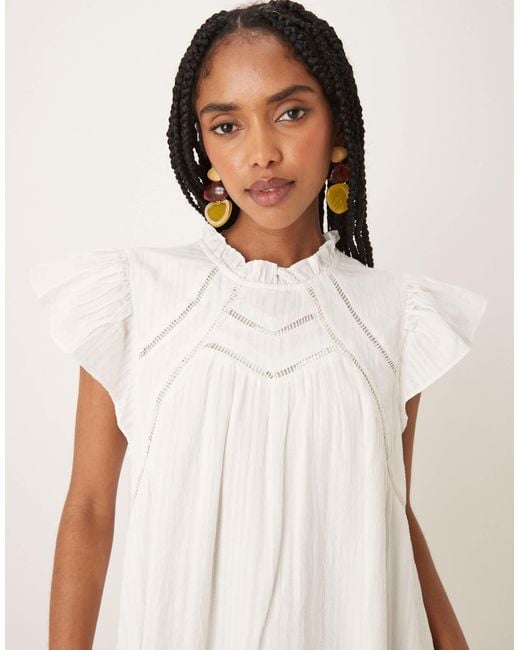 Y.A.S White Ruffle Sleeve Mini Smock Dress With Ladder Stitch Yoke Detail