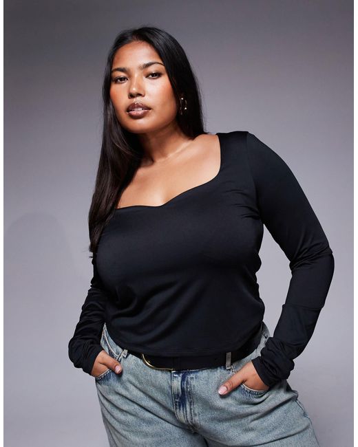 Asos design curve - top double épaisseur à manches longues et buste froncé ASOS en coloris Black