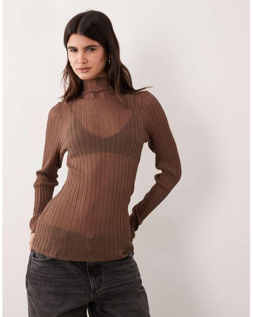ASOS Brown Sheer Knit Pleated Long Sleeve Funnel Neck