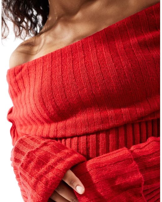 SNDY S Rib Knit Foldover Bardot Jumper Co ord in Red Lyst