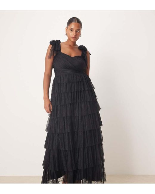 Lace & Beads Plus Blue Lace Bow Shoulder Tiered Maxi Dress