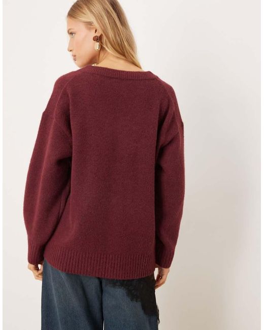 Abercrombie & Fitch Red Knitted V Neck Oversized Jumper
