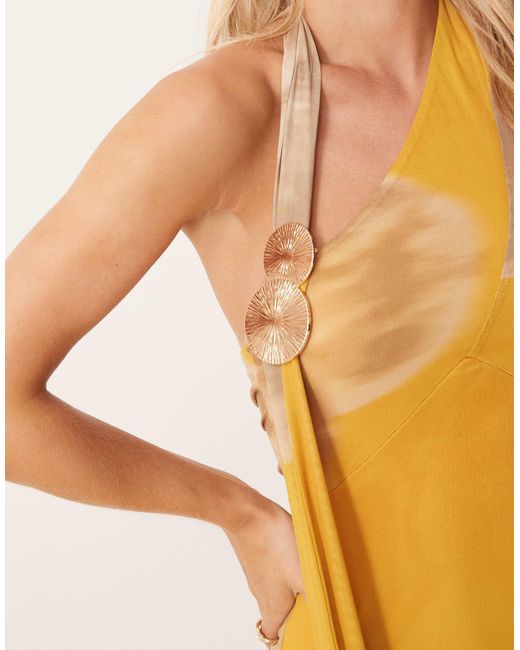 ASOS Metallic Printed Mesh Drape Scarf Neck Maxi Dress With Gold Hardware