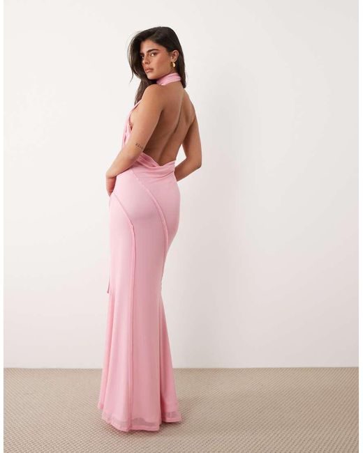 ASOS Pink Scarf Detail Plunge Halter Maxi Dress With Raw Seam Details