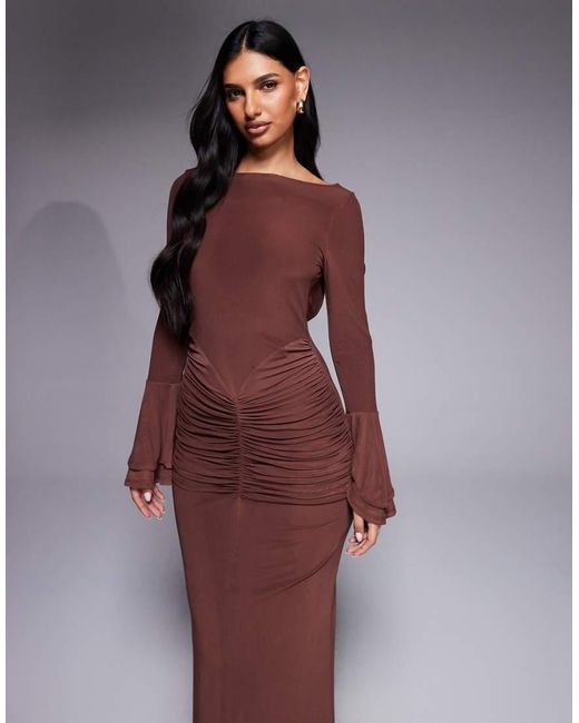 ASOS Purple Mesh Flute Sleeve Maxi With Plunge Back Detail Dress