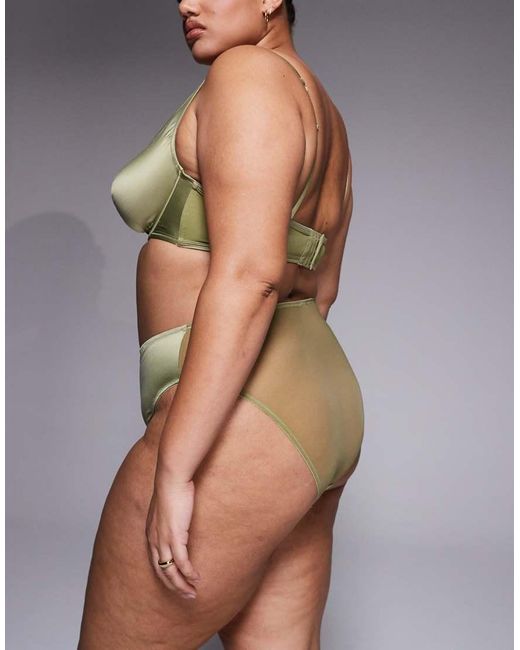 ASOS Green Asos Design Curve Fern Clean Satin High Waist Brief With Sheer Mesh Back