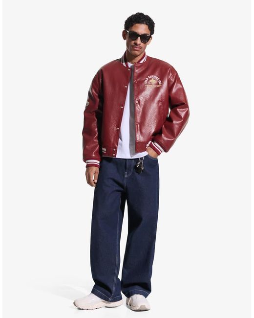 Bershka Red Printed Leather Effect Jacket for men