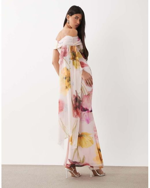 ASOS Pink Printed Floral Mesh Maxi Dress With Folded Off Shoulder And Sash Detail