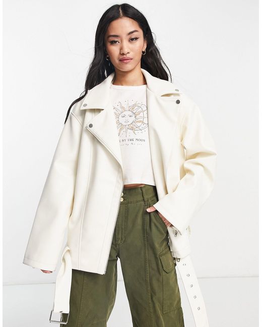 ASOS Longline Oversized Leather Look Biker Jacket in White Lyst UK